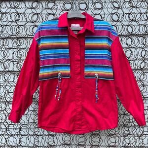 Vint. 90s Wrangler Aztec saddle blanket stripe cape Concho cowgirl western shirt
